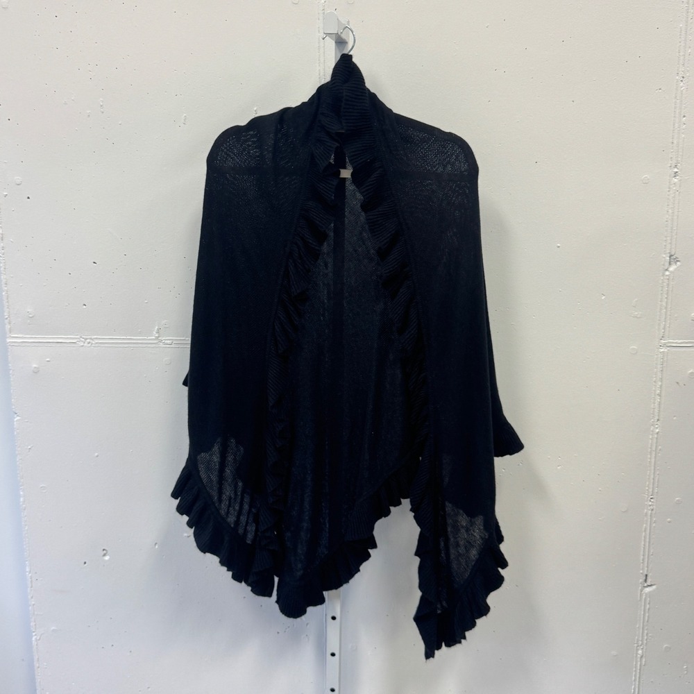 Design History Cashmere Wool Angora Blend Ruffle Trim Knit Shawl Wrap O/S Black